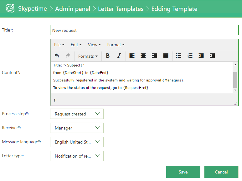 admin settings letter templates
